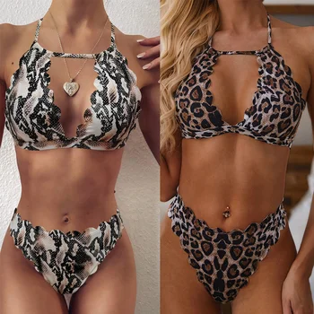 Bikini Sexy 2021 Leopard Costume De Baie Femei Costume De Baie Snake Print Bikini Set Gât Înalt Plajă De Înot Purta Costum De Baie Femei Costume De Baie