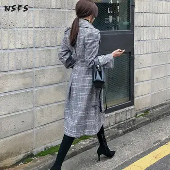 Toamna Iarna Haine Femei Grey Plaid Coat Liber Casual Jacheta Plus Dimensiune Curea De Îmbrăcăminte Exterioară Cald Timp De Costume Palton Haine Coreene
