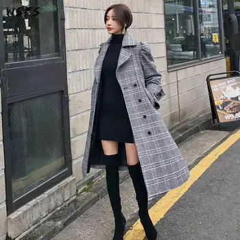 Toamna Iarna Haine Femei Grey Plaid Coat Liber Casual Jacheta Plus Dimensiune Curea De Îmbrăcăminte Exterioară Cald Timp De Costume Palton Haine Coreene
