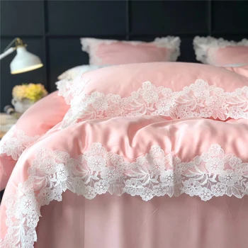 Nou stil Printesa roz verde dantela carpetă acopere set ata de Mătase seturi de lenjerie de pat twin regina king size fete copii seturi de lenjerie de pat 4pieces