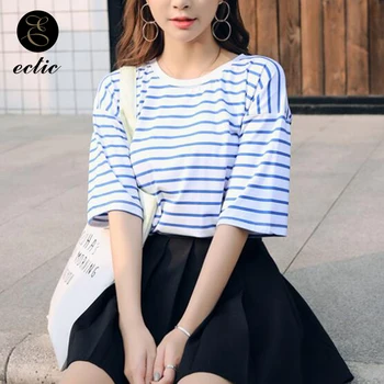 2020 Drăguț Coreeană De Moda Haine Cu Dungi Orizontale De Baseball Tricou Scoop Gât Harajuku Street Style T Shirt Pentru Femei Maneci Scurte