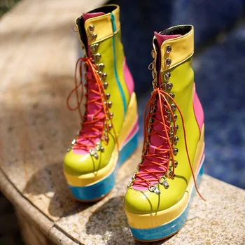 De Brand Nou-veniți Plus dimensiuni de 43 la Modă Platforma Tocuri de Agrement Partid Culori Bomboane Pene Pantofi Glezna Cizme pentru Femei