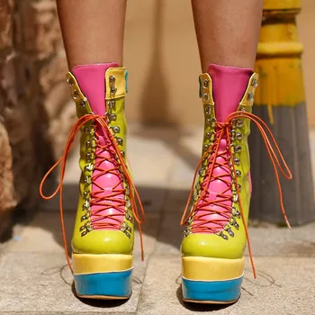 De Brand Nou-veniți Plus dimensiuni de 43 la Modă Platforma Tocuri de Agrement Partid Culori Bomboane Pene Pantofi Glezna Cizme pentru Femei