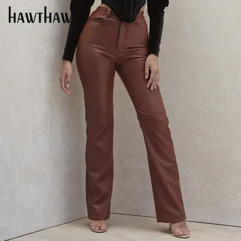 Hawthaw Femei Toamna Iarna Talie Mare Moda Din Piele Pu Buzunarul Drept Streetwear Femei Pantaloni Lungi 2020 Haine De Toamna