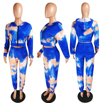 Europene noua moda tie dye print sport din două piese casual V-neck cu gluga cu fermoar haină și pantaloni pentru femei set