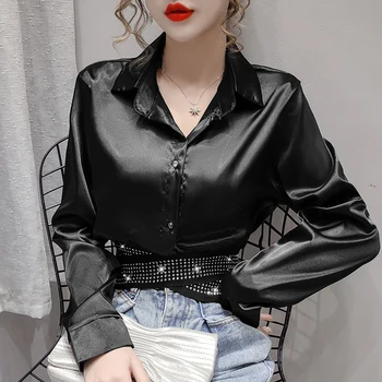 Femei Din Satin Tricouri Bluze Cu Maneca Lunga Moda Diamant Criss Cross Satin Bluza Femei 2020 Toamna Streetwear-Sexy Culturilor Topuri