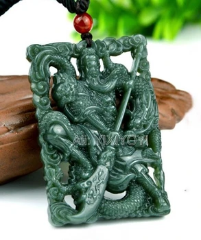 Verde Natural HeTian Jad Sculptat Gol Sabie Chinezească GuanGong Amuleta Norocoasă Pandantiv + Margele Colier + Certificat De Bijuterii Fine