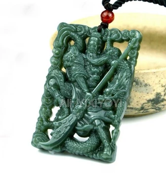 Verde Natural HeTian Jad Sculptat Gol Sabie Chinezească GuanGong Amuleta Norocoasă Pandantiv + Margele Colier + Certificat De Bijuterii Fine