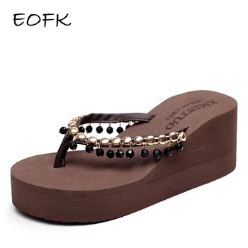 EOFK Femei Flip Flops de Vară în Afara Negru Papuci EVA de Lumina Moale Pantofi Șir de Mărgele Înălțime Creșterea Papuci de casă Mare (5-8cm)
