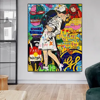 Picturi Graffiti cu Sărut de Iubitori de Imprimare Fals Warhol Arta de Perete Moderne Imagine Panza Pictura Ulei, Pictura Poster Decor Acasă