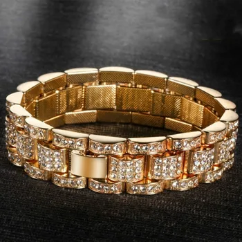 Mens De Moda De Aur/Argint Placat Cu Lanț Solid Ice Diamond Gros Miami Cubanez Lanț De Link-Ul Hip-Hop Watchband Brățară Bijuterii