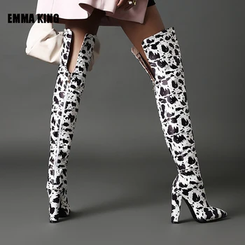 Femei Moda Model Zebra Cizme Design Tocuri Inalte Peste Genunchi Cizme De Piele De Căprioară A Subliniat Toe Pantofi Pentru Femei 2021 Primăvară
