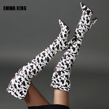 Femei Moda Model Zebra Cizme Design Tocuri Inalte Peste Genunchi Cizme De Piele De Căprioară A Subliniat Toe Pantofi Pentru Femei 2021 Primăvară