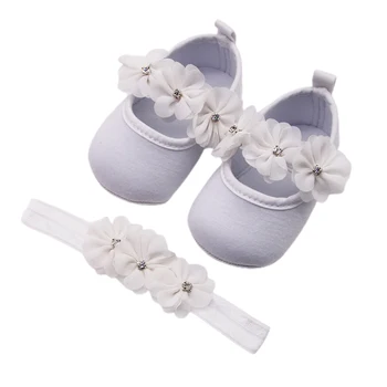 Baby Botez Pantofi și Headband Set Talpă Moale Florale Mary Jane Apartamente și Hairband 2 Bucata Set pentru Copii Sugari Fete