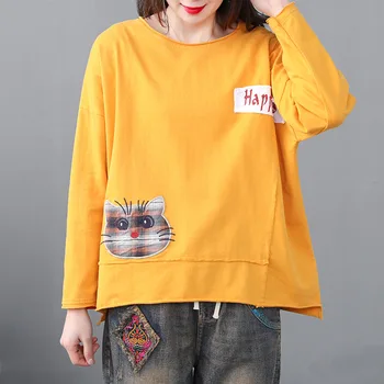 Femei De Primavara Toamna De Moda Coreea Style Kitty Broderie Vintage Tricou Bumbac Pulover Supradimensionat De Sex Feminin De Desene Animate Drăguț Casual Tee