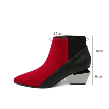 Chelsea Boots Black Red Cizme de Toamna Pentru Femei din Piele a Subliniat Deget de la picior Culoare Mixt Toc Indesata Glezna Cizme HL122 MUYISEXI