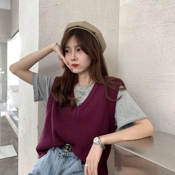 2020 3 Culori pentru Femei coreea Style All-meci fără Mâneci Pulover Tricot Vesta Femei V-neck Moda Pulover de O Mărime Uza Vesta