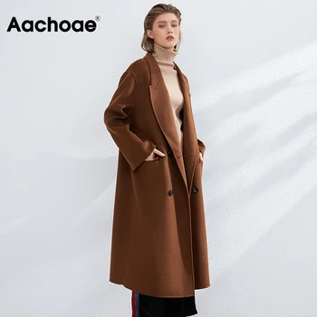 Aachoae Solide Femei Vintage Lână Haină Lungă 2020 Iarna Dublu Rânduri Palton Femei Cu Maneci Lungi, Buzunare Jachete Din Lână