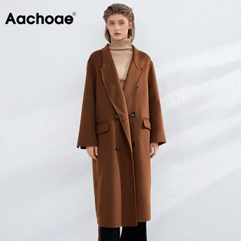 Aachoae Solide Femei Vintage Lână Haină Lungă 2020 Iarna Dublu Rânduri Palton Femei Cu Maneci Lungi, Buzunare Jachete Din Lână