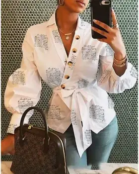 Femei Butonul Bluza Tricou 2020 Haine de sex Feminin Maneca Lunga Blusas Casual pentru Femei Bluze de Birou Imprimare Scrisoare Doamna OL Sus
