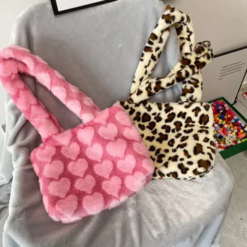 Iarna noua moda ita geanta de umar femei leopard de sex feminin sac lanț mare de pluș iarna geantă de mână sac de Mesager blana moale, cald, sac