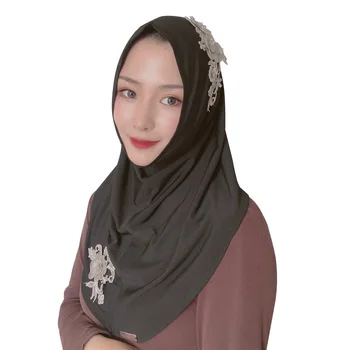 Văl musulman Florale Dantela Broderie, Femei de Moda de Vara Voal,spandex Elastic Instant Hijab Folie