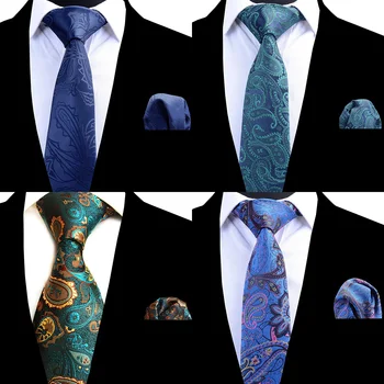 RBOCOTT Bărbați Cravată Set Clasic 8cm Cravată și Batistă Set Galben Verde Negru Paisley Legături Pătrat de Buzunar Set Pentru Barbati Nunta
