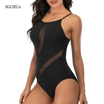 SGCHUA 2020 Nou Sexy Negru Dantelă-O singură Bucată de costume de Baie Femei Solid Mesh Plus Dimensiune Costume de baie XXL Vedea Prin Forma de Plajă Costum de Baie
