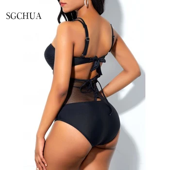 SGCHUA 2020 Nou Sexy Negru Dantelă-O singură Bucată de costume de Baie Femei Solid Mesh Plus Dimensiune Costume de baie XXL Vedea Prin Forma de Plajă Costum de Baie