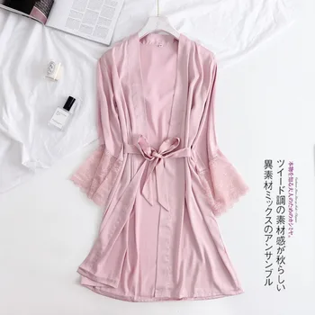 Hot Pink pentru Femei Matase Dantela Haine de Nunta de domnisoare de Onoare Mireasa Rochie kimono Solid halat, camasa de noapte, Pijamale domnisoara de Onoare Haine marimea M-XL
