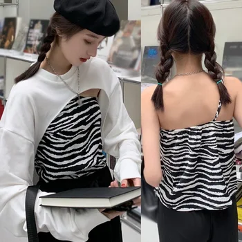 Femei Hoodies Sens de Design Stratificat Purta Hong Kong Stil Sacou cu mâneci Lungi Haina Unul-umăr Model Zebra Moda Halter Vest