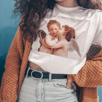 Kawaii Înger pictura Femei t shirt de Moda de Vara Noi Vrac Scurt cu Mâneci O-gât Haine Casual Drăguț amuzant Tumblr Topuri Tee