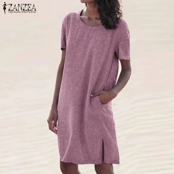 Femei Vara Sundress ZANZEA 2021 Vintage Rochie Mini cu Maneci Scurte Tricou Vestidos de sex Feminin Halat de Caftan Supradimensionate Split Rochii de 7
