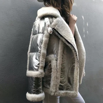 2020 noua haina de iarna pentru femei haină de blană adevărată feliuta din Piele de Oaie cu două fețe Blană sacou alb rață jos sacou Motocicleta