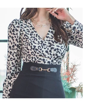 Toamna V-Gât cu Mâneci Lungi Leopard de Imprimare Tricou Top Talie Inalta Midi Bodycon Fusta Birou Sexy Femei Seturi de Rochie