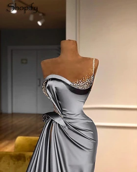 Timp De Argint Rochii De Seara 2020 Stil Sirena Elegant Fantă Mare Cu Margele Dubai Femei Din Africa De Satin Rochii Formale
