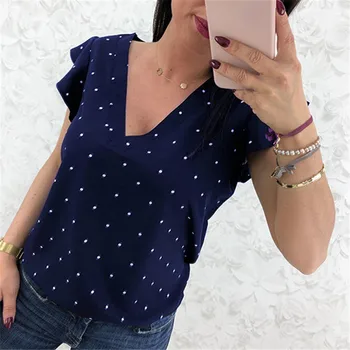 2019 Noi de Vara Femei Bluza cu Buline Imprimate Sexy V-Neck Maneca Scurta Tricou Femei Casual Office Bluze Bluza pentru Afaceri