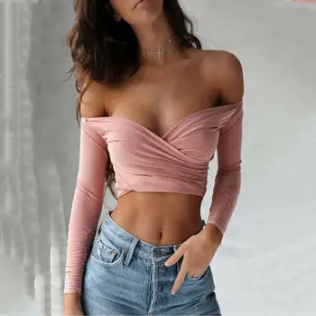 2020 Noua Moda Sexy Haine Pentru Femei V-Neck De Pe Umăr Tricouri De Vara Cu Maneci Lungi Crop Top Casual, De Culoare Solidă Tricou Topuri