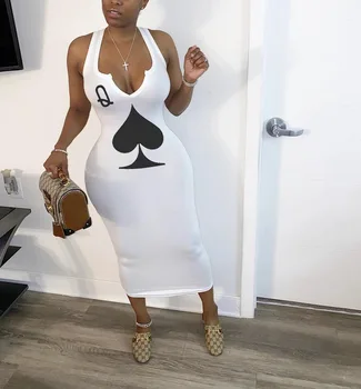 Noi 2021 vara femei negru queen poker card fără mâneci v-neck tank bodycon midi de la jumătatea vițel rochie de club sexy partid rochii creion