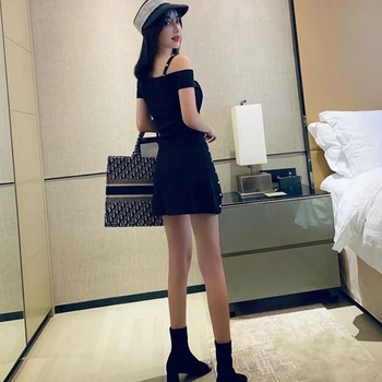 Scurt Mânecă Rochie cu Un singur umăr Sexy Elegant Solid Slim Vara Femei Spaghete Curea Vrac Stil coreean grupa de petrecere a timpului Liber de zi cu Zi Ulzzang