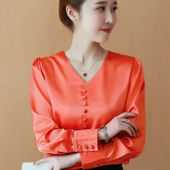 Elegant Satin Bluza Femei cu Maneci Lungi V-neck Butoane Tricou Topuri coreean Chic Toamna Bază Doamnelor Blusas Mujer 2018 Noi