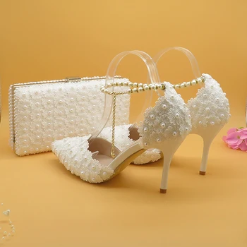 Dantelă albă Floare pantofi de nunta cu saci de potrivire tocuri Ascuțite Toe Glezna Curea Doamnelor Petrecere de pantofi set de sac de Pantof Albastru Regal