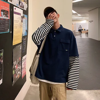 2019 Stil coreean Bărbați BF Vânt Fals Două Piese Straturi de Bandă de Imprimare Pulover Hoodies Haine de Bumbac Casual, Jachete M-XL