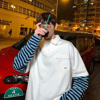2019 Stil coreean Bărbați BF Vânt Fals Două Piese Straturi de Bandă de Imprimare Pulover Hoodies Haine de Bumbac Casual, Jachete M-XL