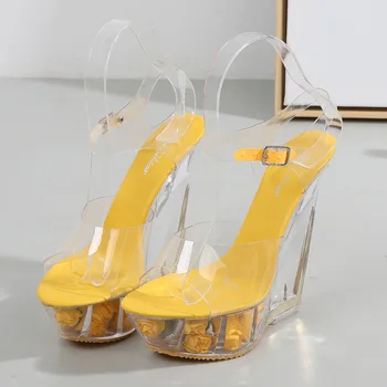 Catarama Toc Rece Papuci De Casă Cristal Transparent Papuci De Casă Impermeabil Platforma Flori Pene Multicolore Sandale