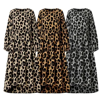 Femei Rochie cu Maneci Lungi VONDA Epocă Leopard Imprimate la Mijlocul lunii Vițel Rochii Plus Dimensiune Boem Vestidos Femme Plaja Sundress 5XL