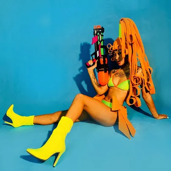 DJ de sex feminin DS Performance Costum Peruca Frizură+Bikini Bar Gogo Lider de Dans Petrecere cu Costume Carnaval, Cosplay American de Îmbrăcăminte