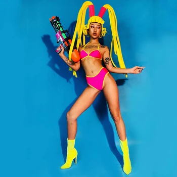 DJ de sex feminin DS Performance Costum Peruca Frizură+Bikini Bar Gogo Lider de Dans Petrecere cu Costume Carnaval, Cosplay American de Îmbrăcăminte
