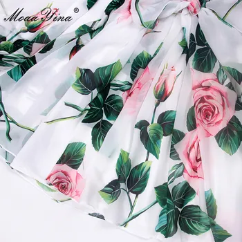 MoaaYina Pistă de Moda Summer Rose Flower Print Dress Scurtă femeii Arc Guler Elastic Talie Elegant Șifon Rochii de Petrecere