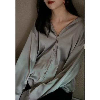 Bluze Pentru Femei De Moda Bluza Din Satin Elegant V Gât Birou Doamnă Top Casual Cu Maneca Lunga Camasa Buton Topuri Combinezon Femme